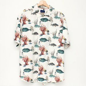 Tommy Bahama Men's Fish Print Cotton Silk Blend Button Shirt White XLTG SS